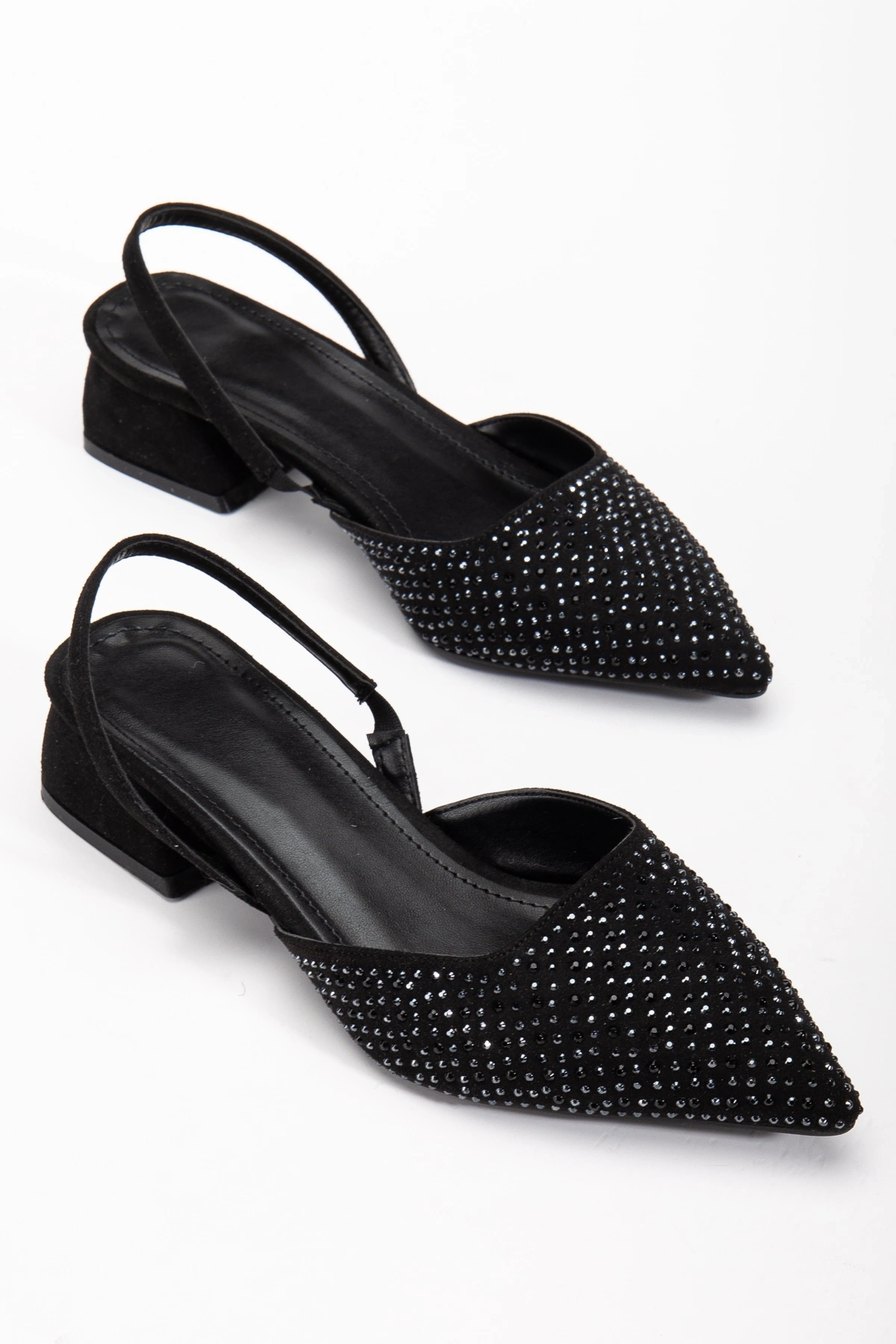 Kadın Siyah Süet Taş Detaylı Sivri Burun Arkası Açık Ayakkabı