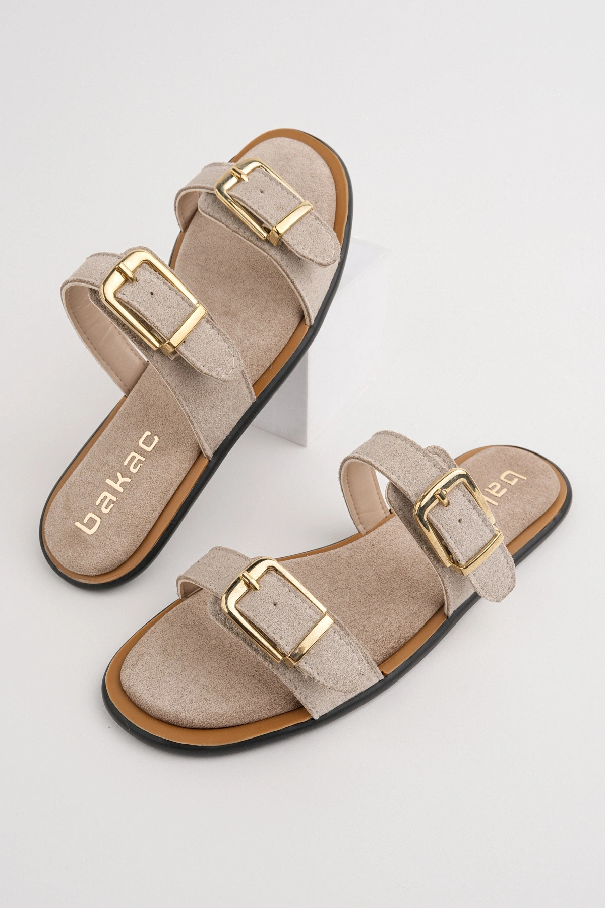 Kadın Bej Süet Çift Biyeli Rahat Taban Terlik