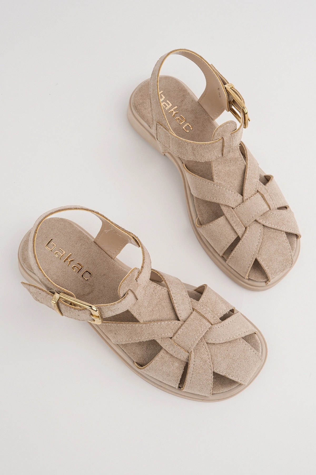 Kadın Bej Süet Kumaş Rahat Taban Günlük Sandalet