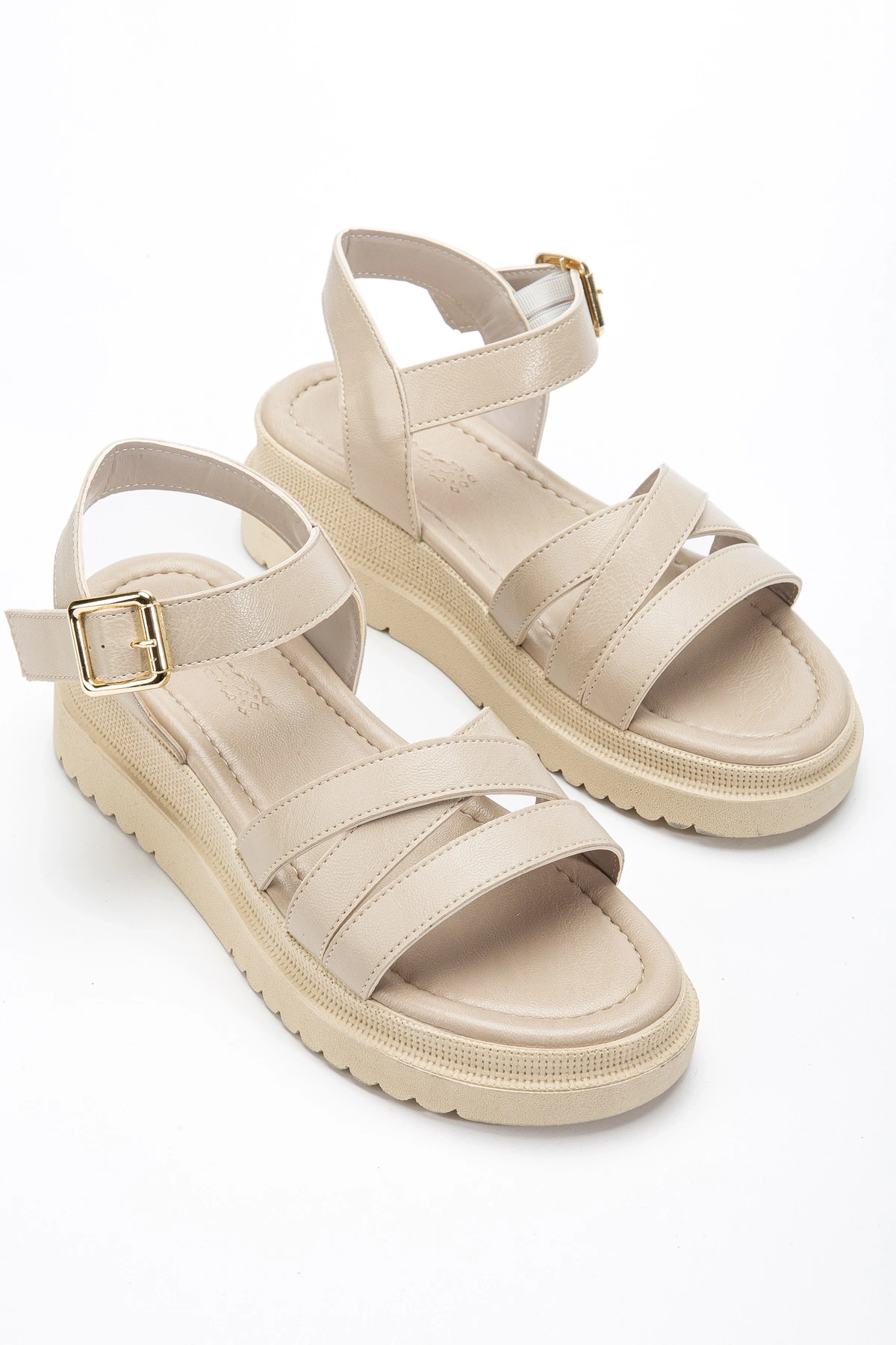 Kadın Bej Üç Biyeli Günlük Sandalet