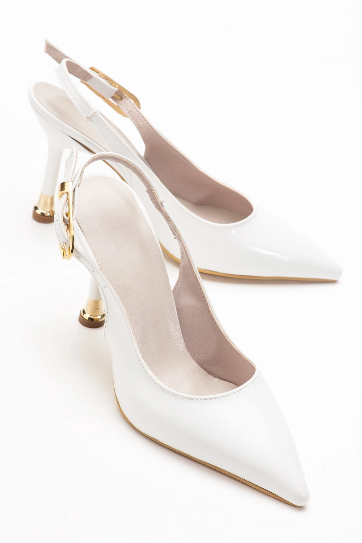 Kadın Beyaz Rugan Tokalı Sivri Şık Topuklu Stiletto Ayakkabı