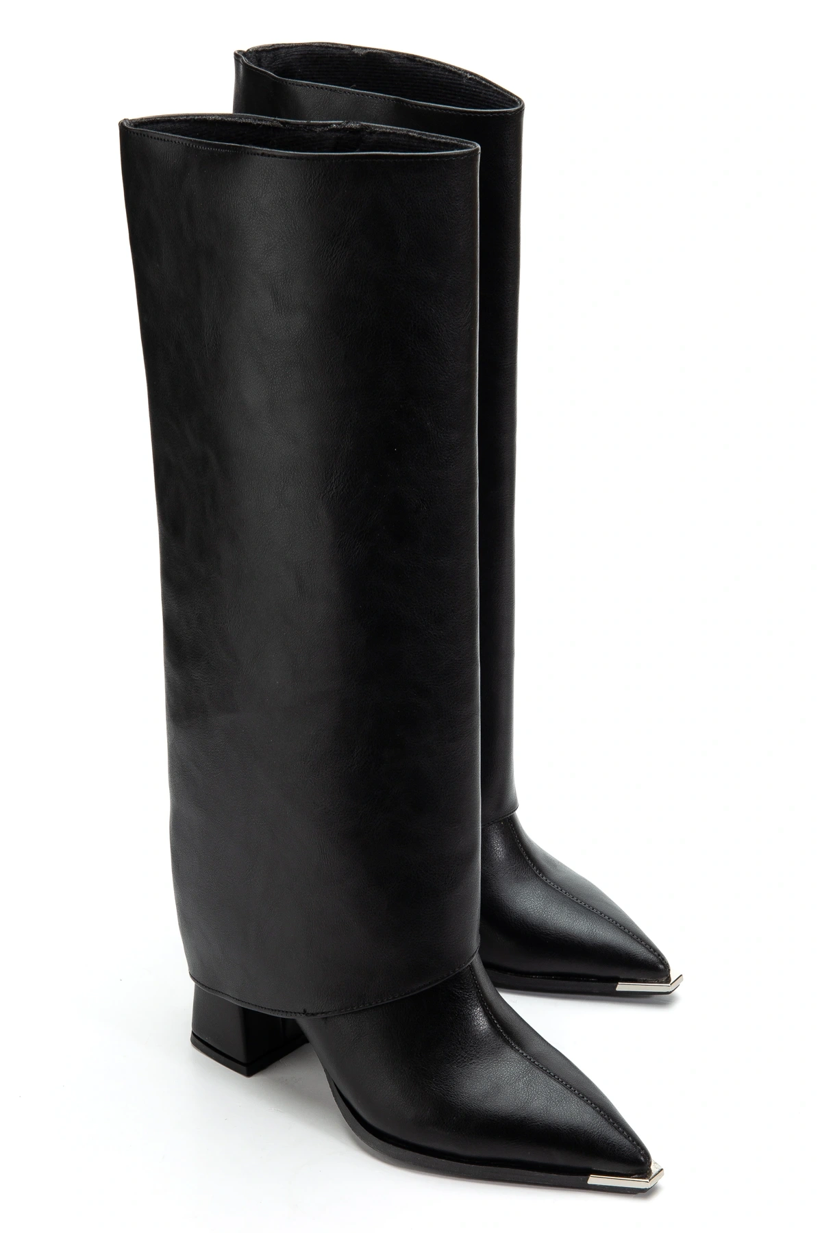 Kadın Takıp Çıkarılabilen Tozluk Detaylı Metal Sivri Burun siyah Deri Çizme