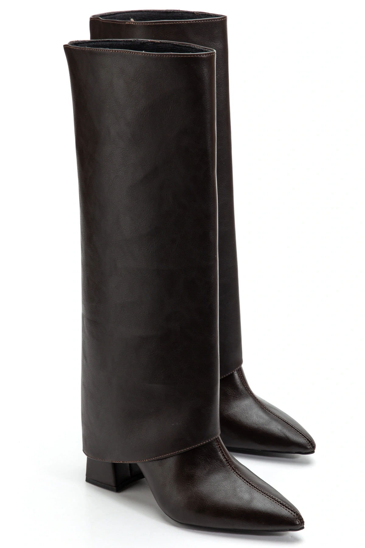 Kadın Takıp Çıkarılabilen Tozluk Detaylı Sivri Burun kahverengi Deri Çizme