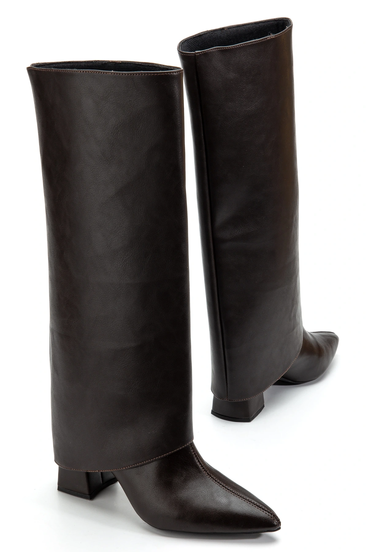 Kadın Takıp Çıkarılabilen Tozluk Detaylı Sivri Burun kahverengi Deri Çizme