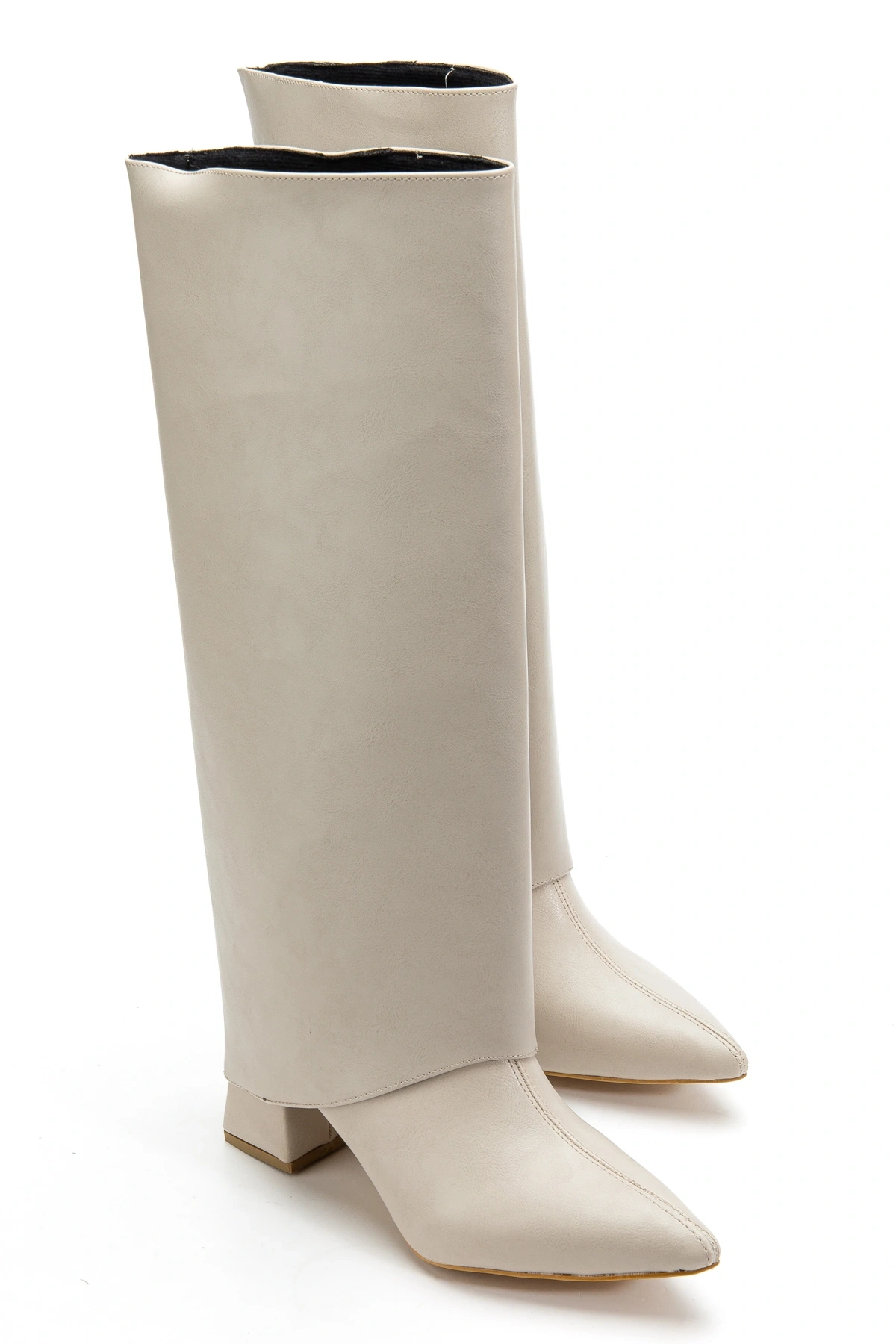 Kadın Takıp Çıkarılabilen Tozluk Detaylı Sivri Burun Bej Deri Çizme