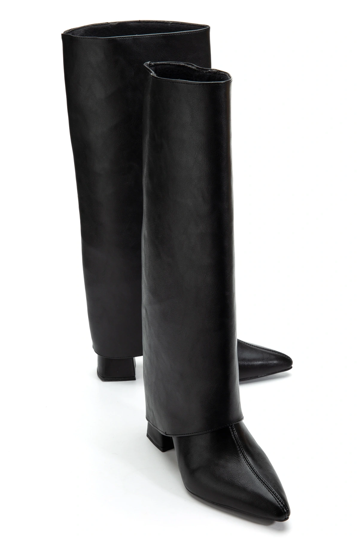 Kadın Takıp Çıkarılabilen Tozluk Detaylı Sivri Burun Siyah Deri Çizme