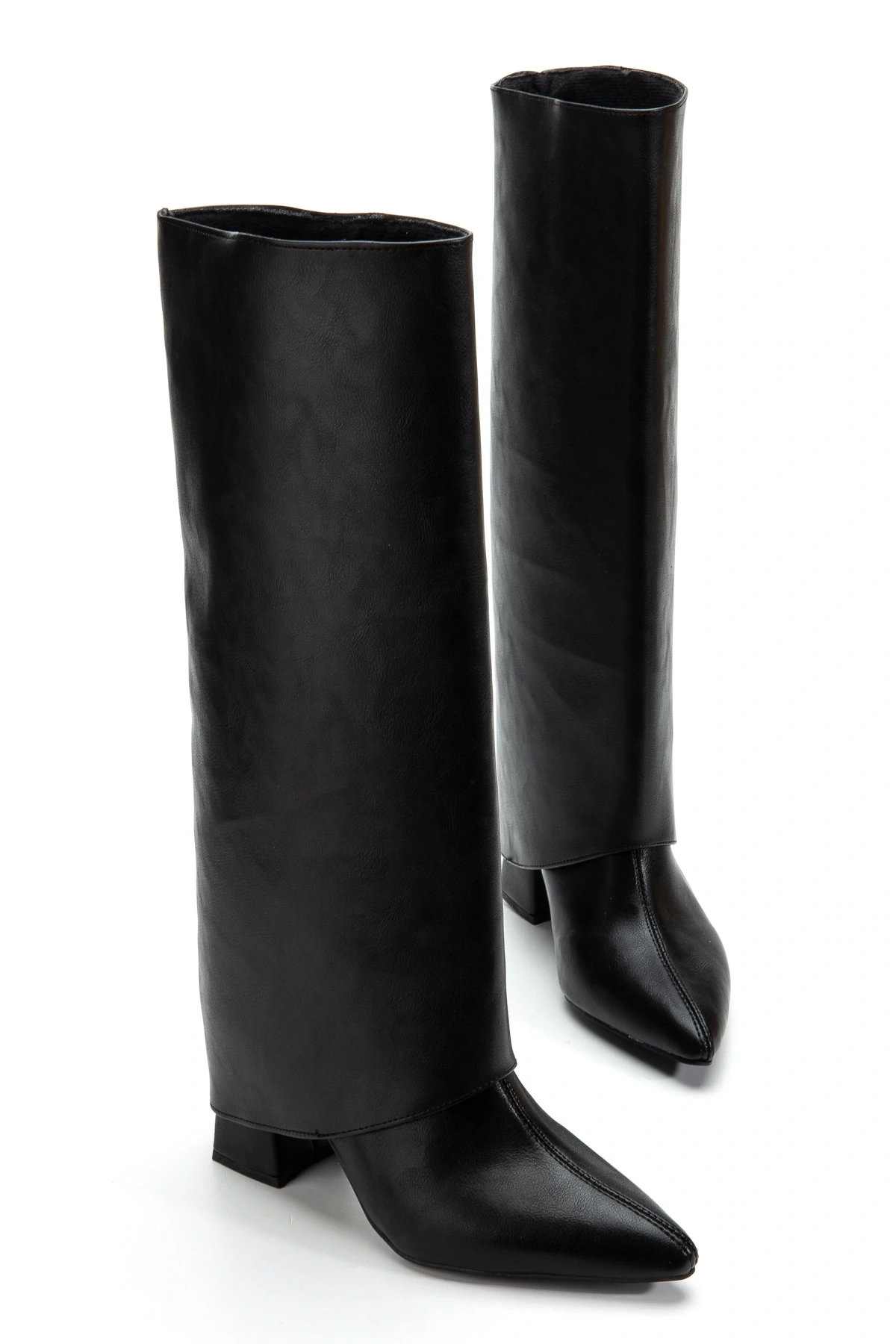 Kadın Takıp Çıkarılabilen Tozluk Detaylı Sivri Burun Siyah Deri Çizme