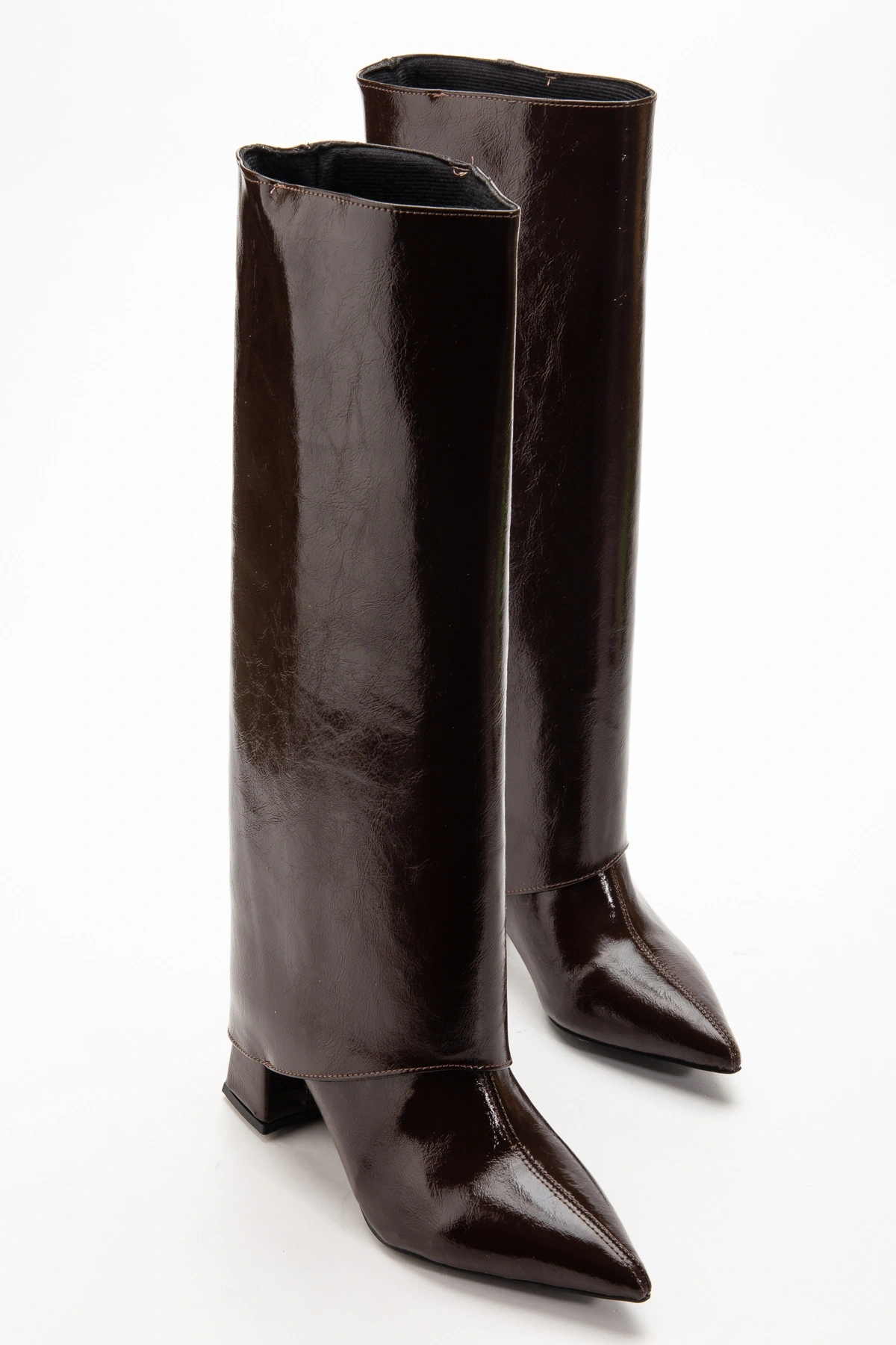 Kadın Tozluk Detaylı Takıp Çıkarılabilen Sivri Burun Acı Kahverengi Kırışık Rugan Çizme