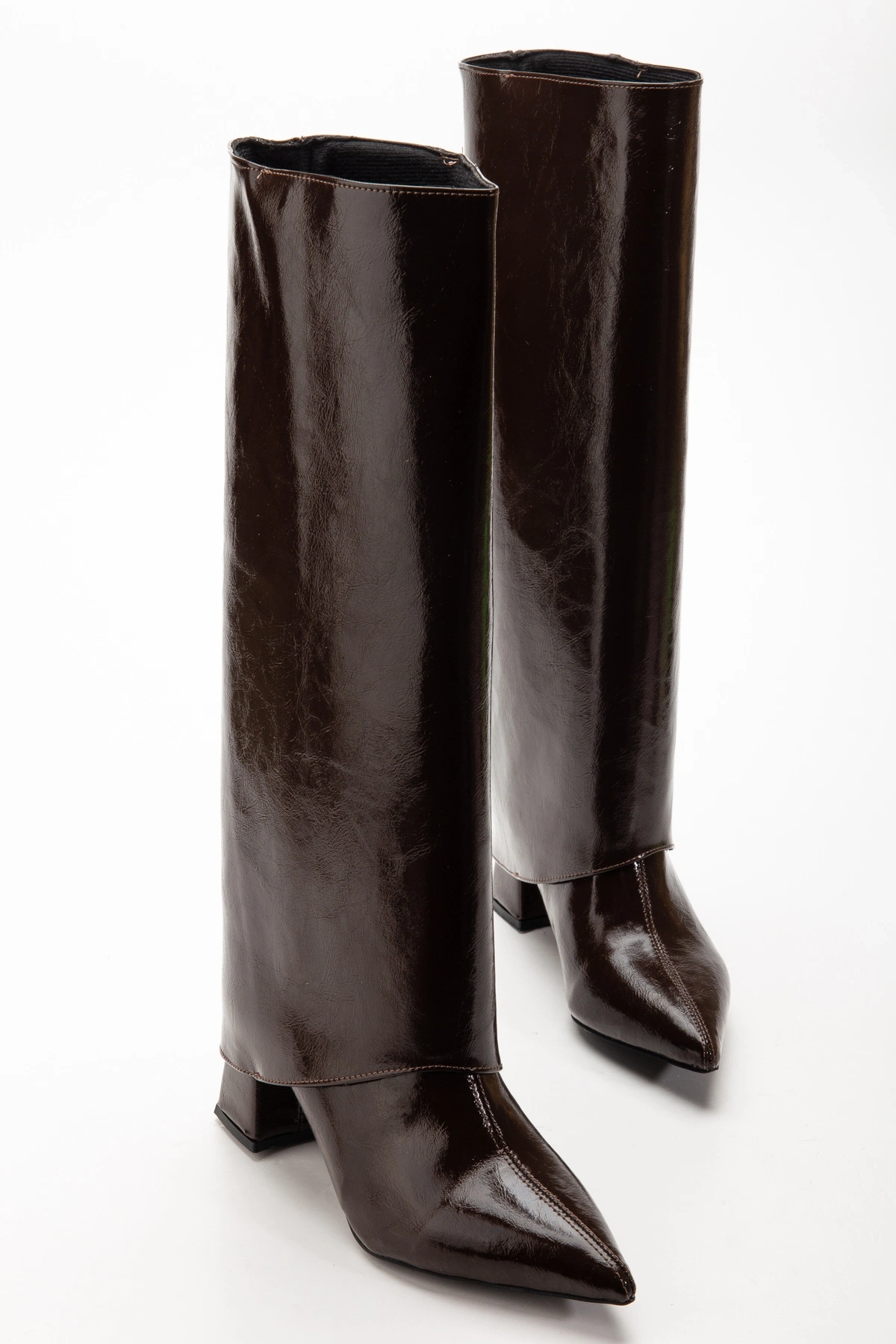 Kadın Tozluk Detaylı Takıp Çıkarılabilen Sivri Burun Acı Kahverengi Kırışık Rugan Çizme