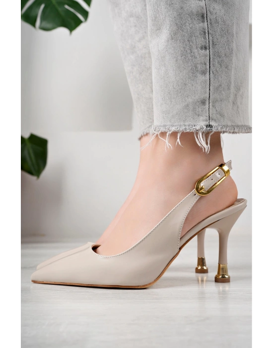 Kadın Bej Rugan Tokalı Sivri Şık Topuklu Stiletto Ayakkabı