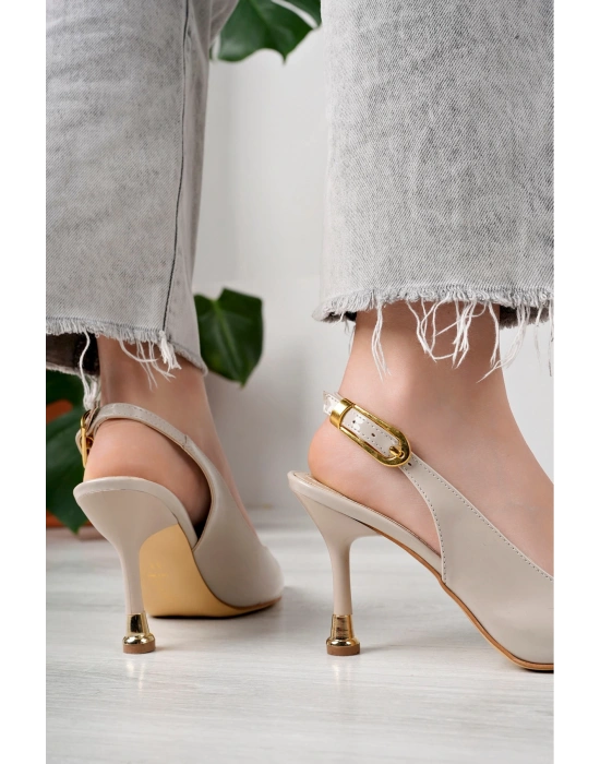 Kadın Bej Rugan Tokalı Sivri Şık Topuklu Stiletto Ayakkabı