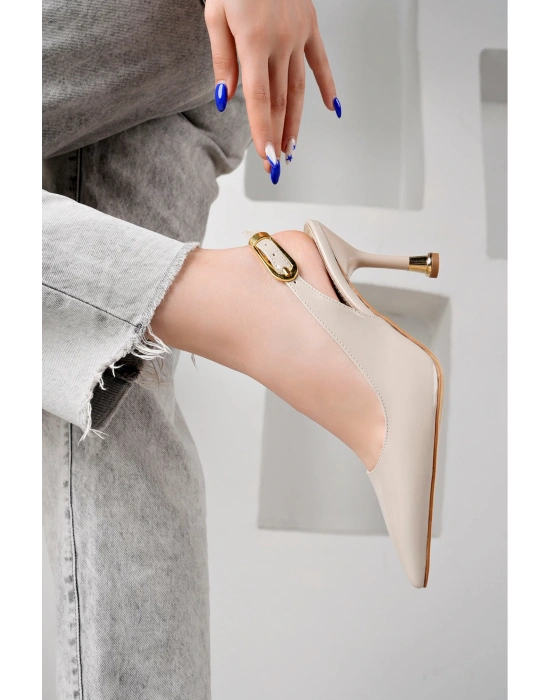 Kadın Bej Rugan Tokalı Sivri Şık Topuklu Stiletto Ayakkabı