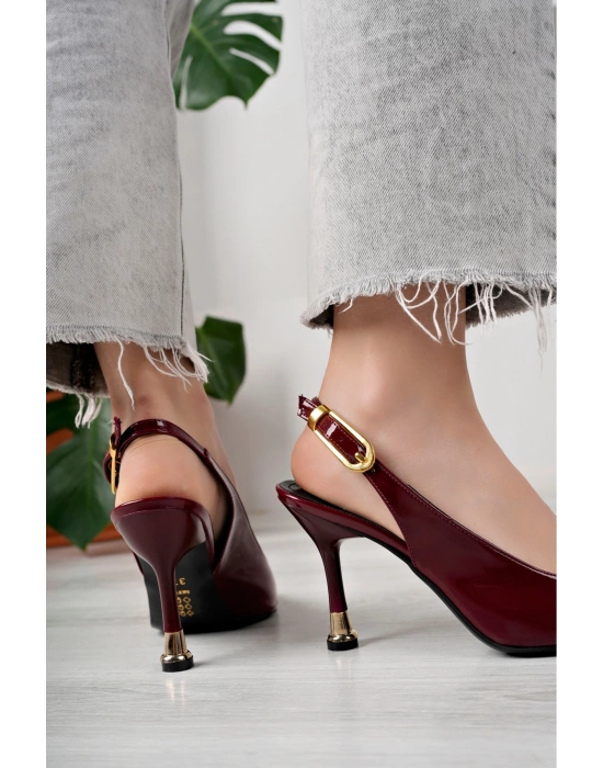 Kadın Bordo Rugan Tokalı Sivri Şık Topuklu Stiletto Ayakkabı