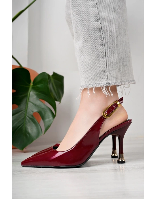 Kadın Bordo Rugan Tokalı Sivri Şık Topuklu Stiletto Ayakkabı