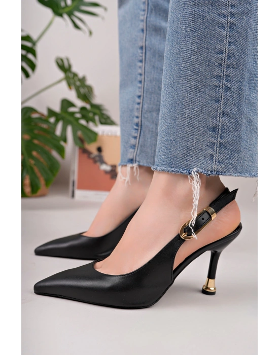 Kadın Siyah Deri Tokalı Sivri Şık Topuklu Stiletto Ayakkabı