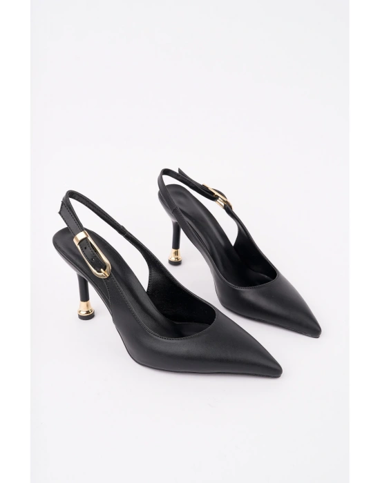 Kadın Siyah Deri Tokalı Sivri Şık Topuklu Stiletto Ayakkabı