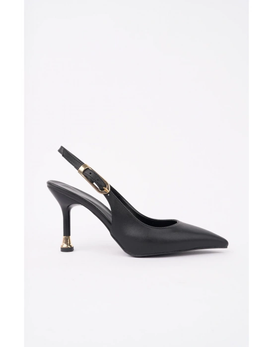 Kadın Siyah Deri Tokalı Sivri Şık Topuklu Stiletto Ayakkabı