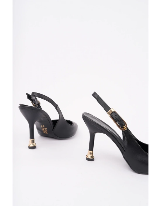 Kadın Siyah Deri Tokalı Sivri Şık Topuklu Stiletto Ayakkabı