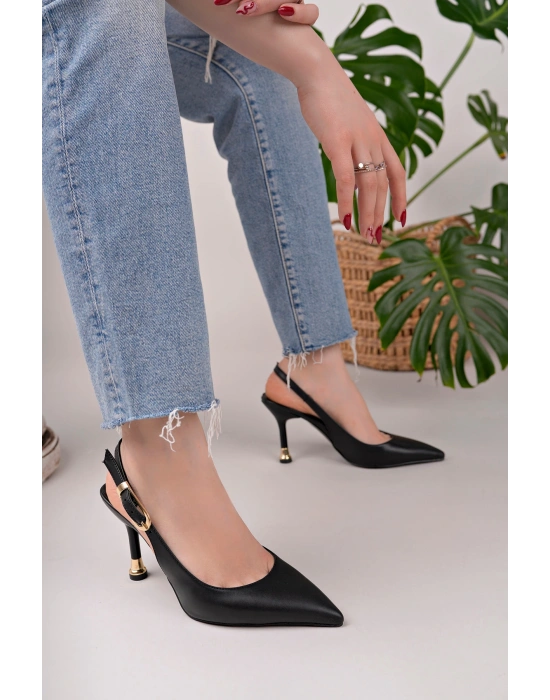 Kadın Siyah Deri Tokalı Sivri Şık Topuklu Stiletto Ayakkabı