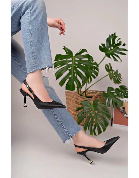Kadın Siyah Deri Tokalı Sivri Şık Topuklu Stiletto Ayakkabı
