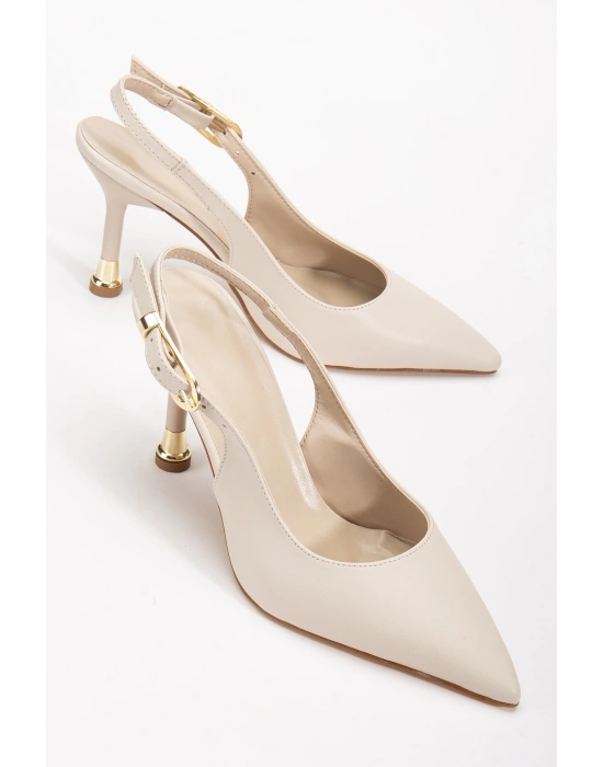 Kadın Bej Deri Tokalı Sivri Şık Topuklu Stiletto Ayakkabı