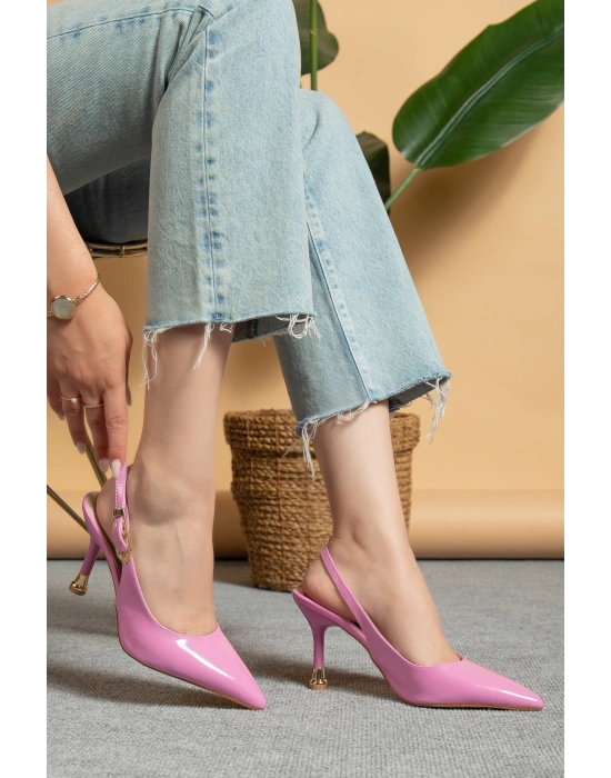 Kadın Pembe Rugan Tokalı Sivri Şık Topuklu Stiletto Ayakkabı