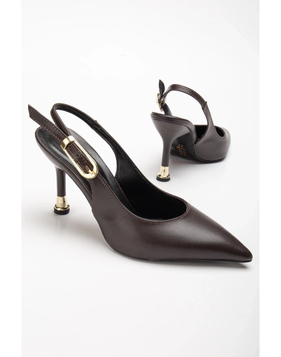 Kadın Kahverengi Cilt Tokalı Sivri Şık Topuklu Stiletto Ayakkabı