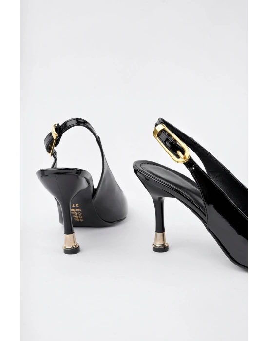 Kadın Siyah Rugan Tokalı Sivri Burun Şık Topuklu Stiletto Ayakkabı