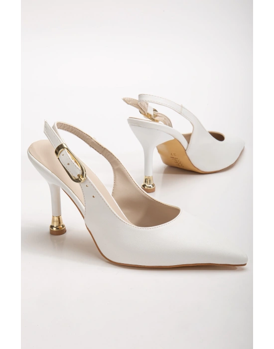Kadın Beyaz Deri Tokalı Sivri Şık Topuklu Stiletto Ayakkabı