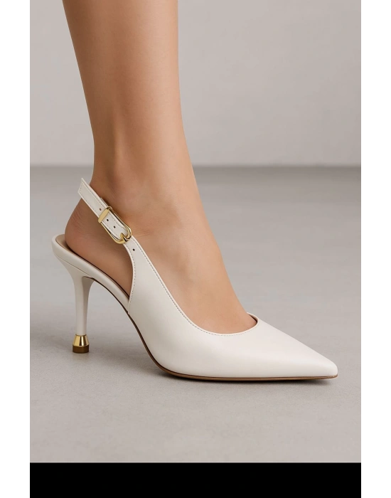 Kadın Beyaz Deri Tokalı Sivri Şık Topuklu Stiletto Ayakkabı