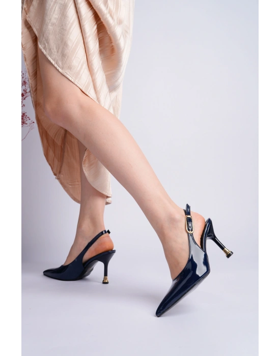 Kadın Lacivert Rugan Tokalı Sivri Şık Topuklu Stiletto Ayakkabı