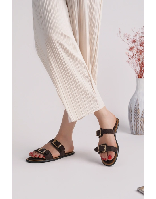 Kadın Kahverengi Süet Çift Biyeli Rahat Taban Terlik