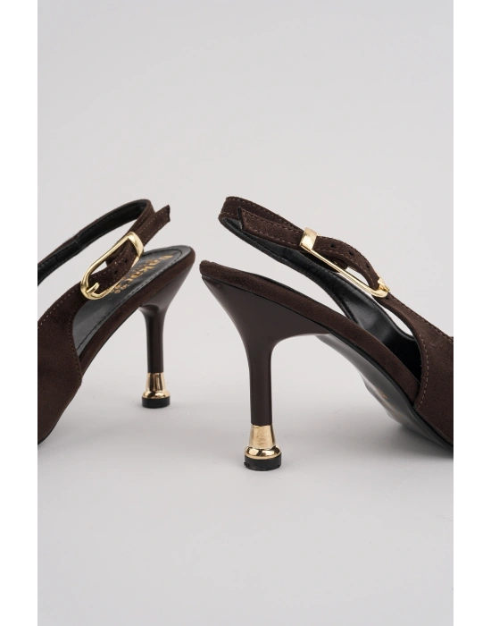 Kadın Kahverengi Süet Tokalı Sivri Şık Topuklu Stiletto Ayakkabı