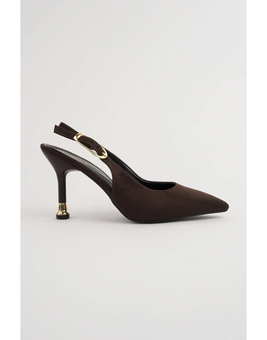 Kadın Kahverengi Süet Tokalı Sivri Şık Topuklu Stiletto Ayakkabı