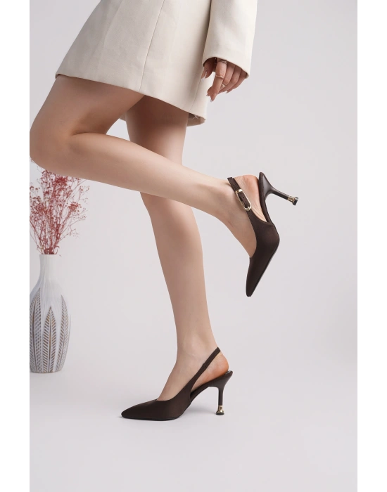 Kadın Kahverengi Süet Tokalı Sivri Şık Topuklu Stiletto Ayakkabı