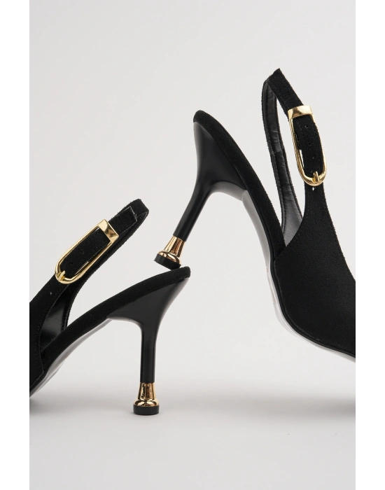 Kadın Siyah Süet Tokalı Sivri Şık Topuklu Stiletto Ayakkabı