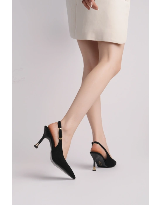 Kadın Siyah Süet Tokalı Sivri Şık Topuklu Stiletto Ayakkabı