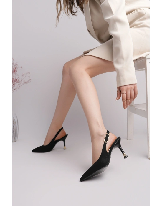 Kadın Siyah Süet Tokalı Sivri Şık Topuklu Stiletto Ayakkabı