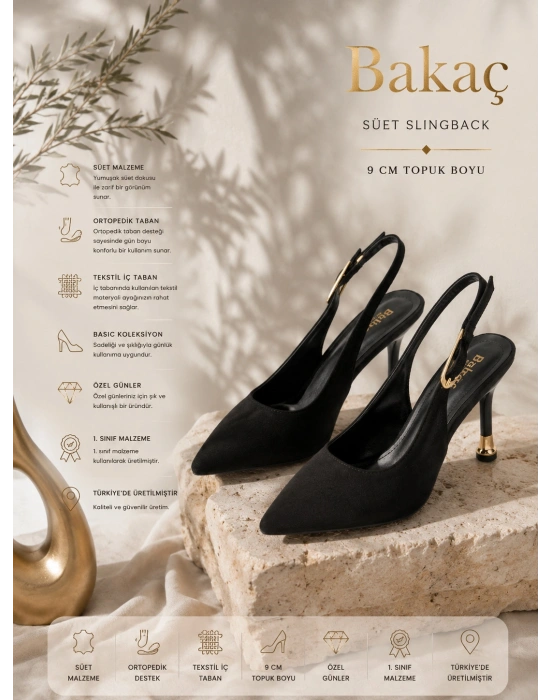 Kadın Siyah Süet Tokalı Sivri Şık Topuklu Stiletto Ayakkabı