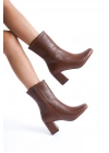 Kadın Taba Cilt Küt Burun Orta Boy Topuklu Bot