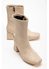 Kadın Bej süet Küt Burun Orta Boy Topuklu bot