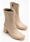 Kadın Bej süet Küt Burun Orta Boy Topuklu bot