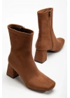 Kadın Taba Süet Küt Burun Orta Boy Topuklu bot