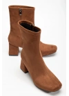 Kadın Taba Süet Küt Burun Orta Boy Topuklu bot