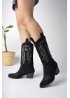 Siyah Süet Nakışlı Yeni Sezon Kadın Kovboy Çizme
