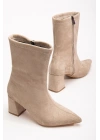 Venessa Kadın Bej Süet Sivri Burun Orta Boy Topuklu Bot
