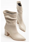 Noire Kadın Bej Deri Büzgülü Sivri Burun Kalın Topuklu Bot