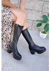 Kadın Siyah Streç Uzun Bacağı Saran Yüksek Tabanlı Platform Topuklu Çizme