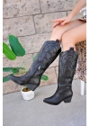 Western kadın Siyah Deri Siyah Nakışlı Fermuarlı Uzun kovboy Çizme