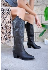 Western kadın Siyah Deri Siyah Nakışlı Fermuarlı Uzun kovboy Çizme